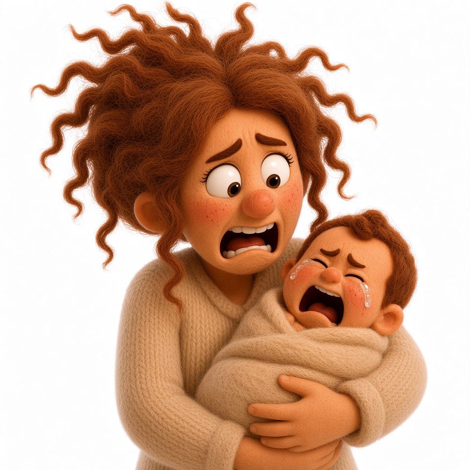 An exhausted parent holding a crying baby