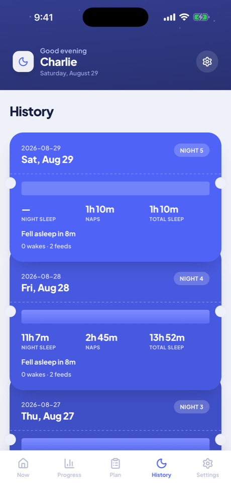 Sleep Sanity History screen showing a stack of day tickets with night, nap and feed totals