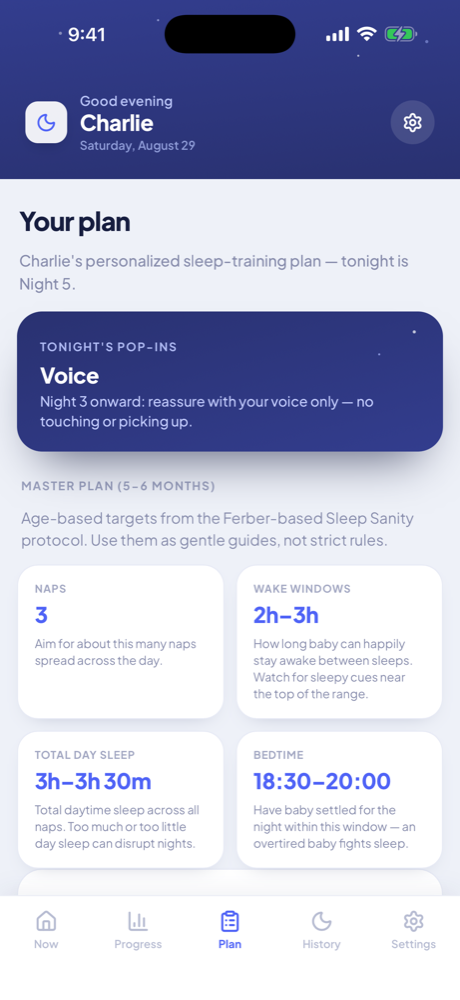 Sleep Sanity Plan screen with tonight's night number and the check-in helper